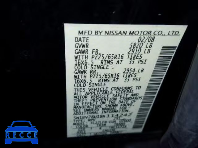 2008 NISSAN QUEST S/SE 5N1BV28U18N114242 Bild 9