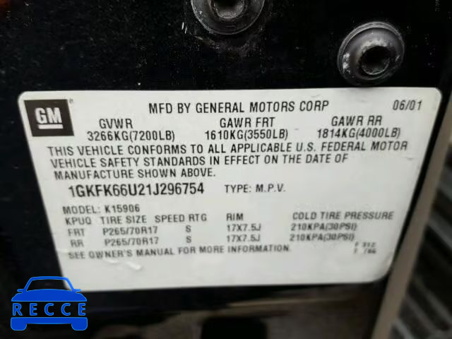 2001 GMC DENALI XL 1GKFK66U21J296754 image 8