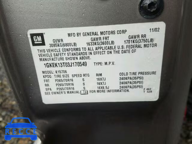 2003 GMC YUKON 1GKEK13T03J170549 зображення 9