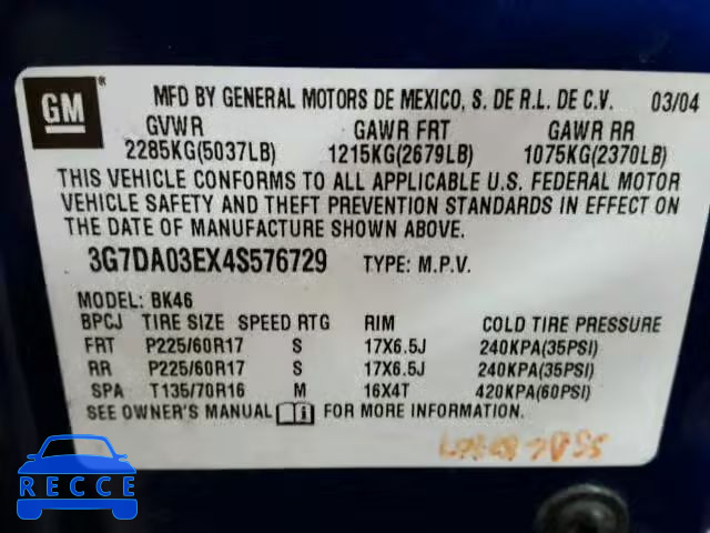 2004 PONTIAC AZTEK 3G7DA03EX4S576729 image 9