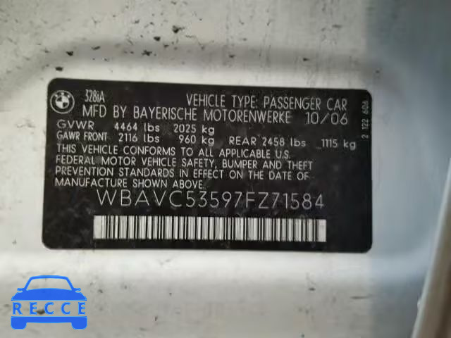 2007 BMW 328I SULEV WBAVC53597FZ71584 image 9