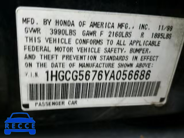 2000 HONDA ACCORD SE 1HGCG5676YA056686 image 9