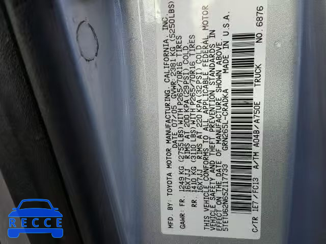2005 TOYOTA TACOMA PRE 5TETU62N65Z117733 image 9
