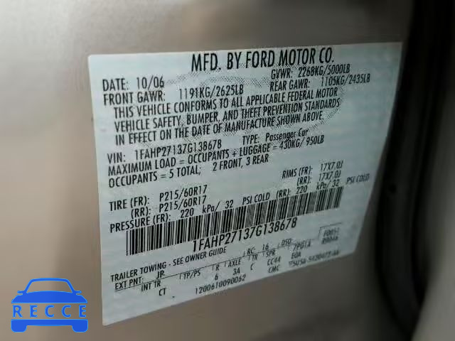 2007 FORD FIVE HUNDR 1FAHP27137G138678 зображення 9