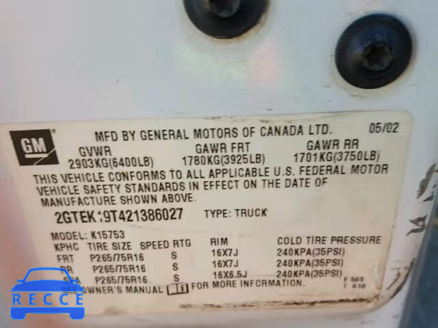 2002 GMC SIERRA K15 2GTEK19T421386027 image 9