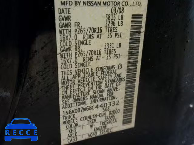 2008 NISSAN FRONTIER S 1N6AD07W68C440332 зображення 9