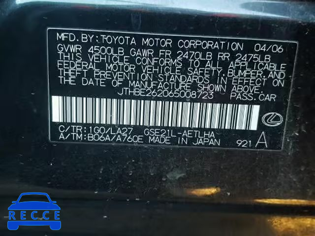 2006 LEXUS IS350 JTHBE262065008723 image 9