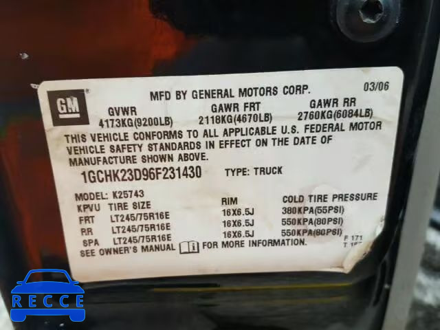 2006 CHEVROLET SILVERADO 1GCHK23D96F231430 image 9