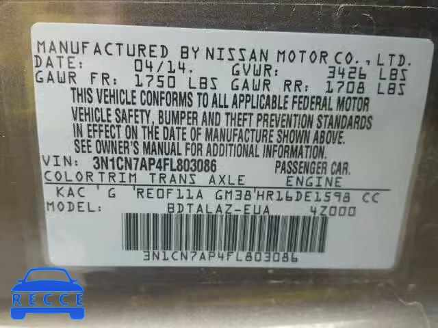 2015 NISSAN VERSA S/S 3N1CN7AP4FL803086 зображення 9