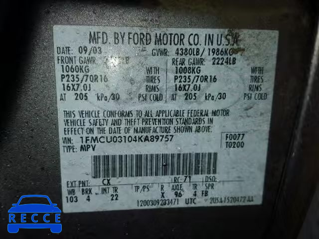 2004 FORD ESCAPE XLT 1FMCU03104KA89757 image 9