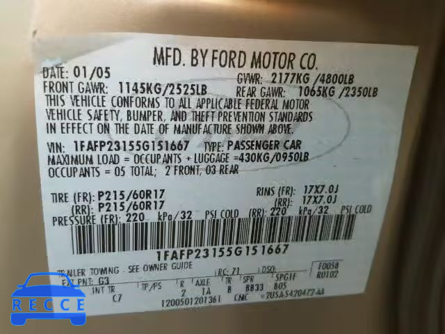 2005 FORD FIVE HUNDR 1FAFP23155G151667 image 9