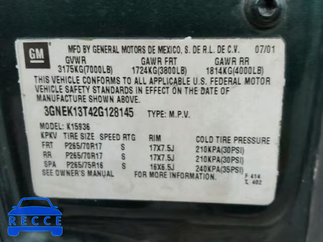 2002 CHEVROLET AVALANCHE 3GNEK13T52G293105 image 9