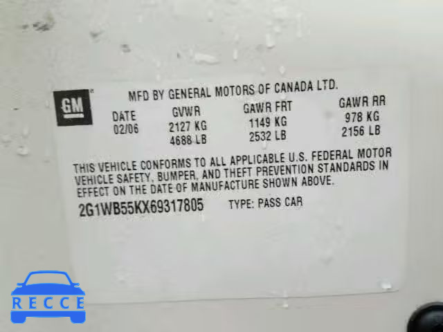 2006 CHEVROLET IMPALA LS 2G1WB55KX69317805 image 9