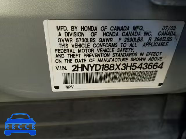 2003 ACURA MDX Touring 2HNYD188X3H543664 image 9