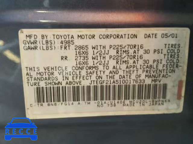 2001 TOYOTA HIGHLANDER JTEGF21A510017633 image 9