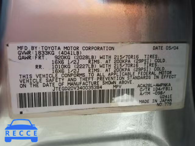 2004 TOYOTA RAV4 JTEGD20V340035384 image 9