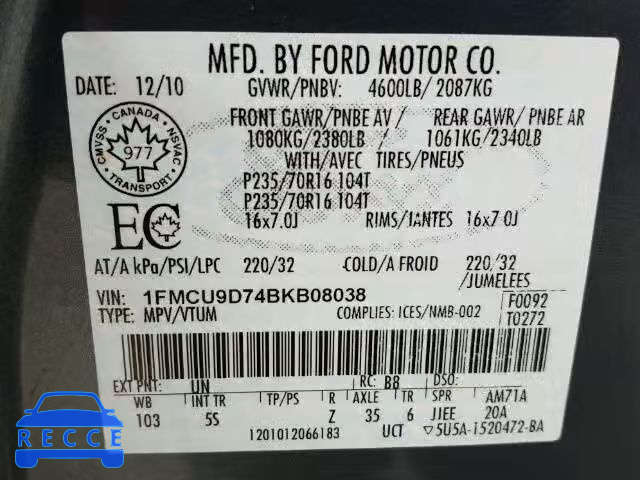 2011 FORD ESCAPE XLT 1FMCU9D74BKB08038 image 9