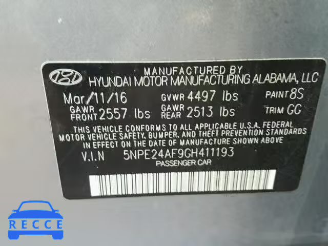 2016 HYUNDAI SONATA SE 5NPE24AF9GH411193 зображення 9