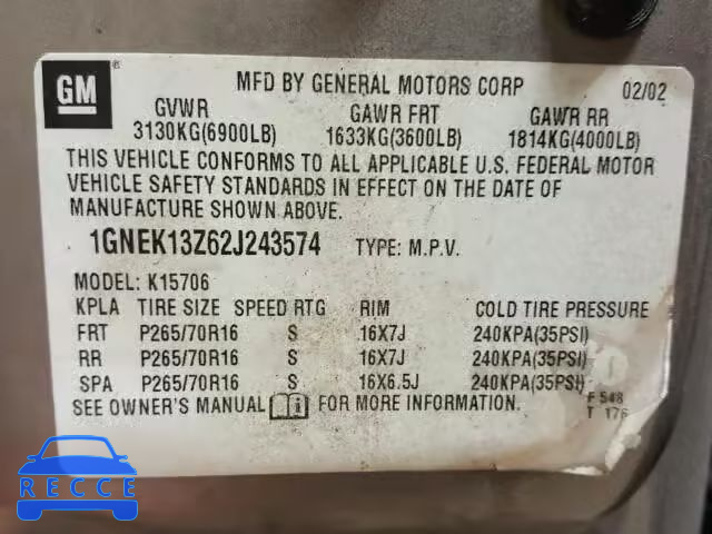 2002 CHEVROLET TAHOE K150 1GNEK13Z62J243574 image 9