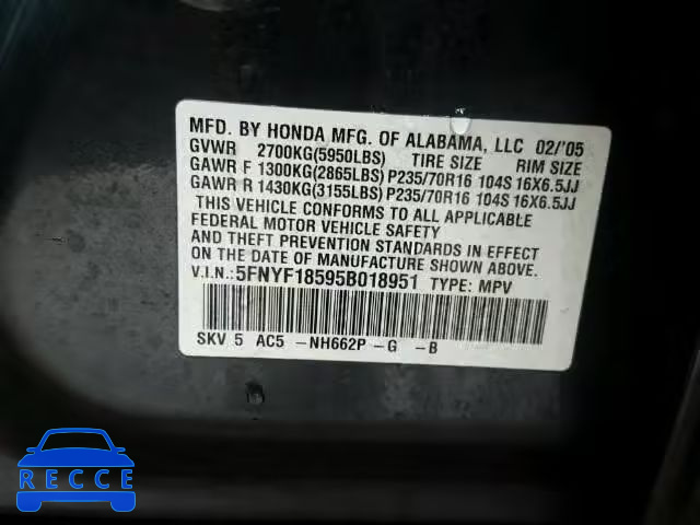 2005 HONDA PILOT EXL 5FNYF18595B018951 image 9