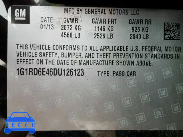 2013 CHEVROLET VOLT 1G1RD6E46DU126123 image 9