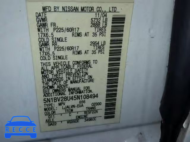 2005 NISSAN QUEST S/SE 5N1BV28U45N108494 image 9