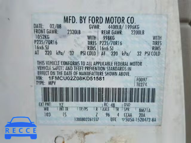 2008 FORD ESCAPE XLS 1FMCU02Z08KD51581 Bild 9