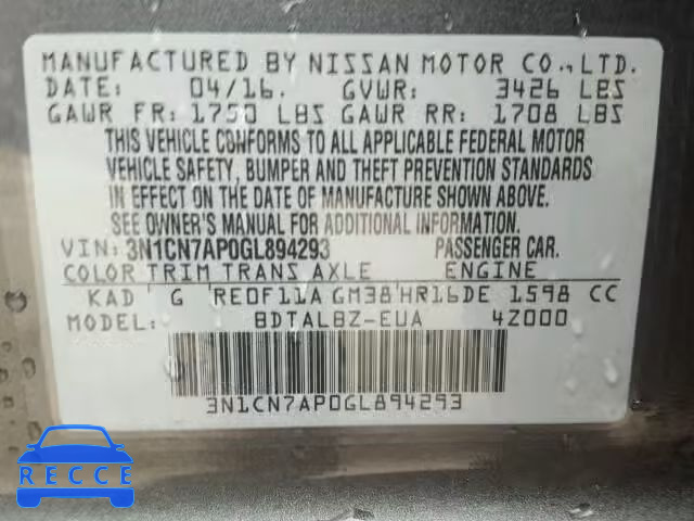 2016 NISSAN VERSA S/S 3N1CN7AP0GL894293 image 9