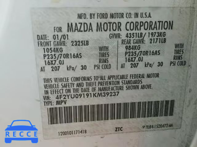 2001 MAZDA TRIBUTE LX 4F2YU09191KM39237 image 9