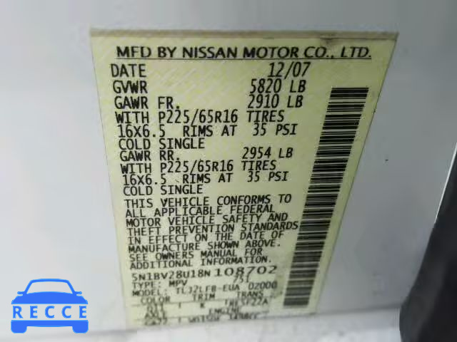 2008 NISSAN QUEST S/SE 5N1BV28U18N108702 image 9