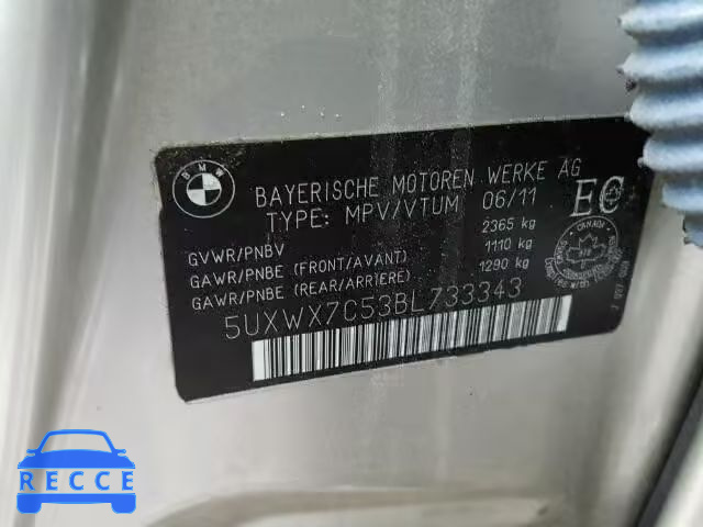 2011 BMW X3 XDRIVE3 5UXWX7C53BL733343 зображення 9