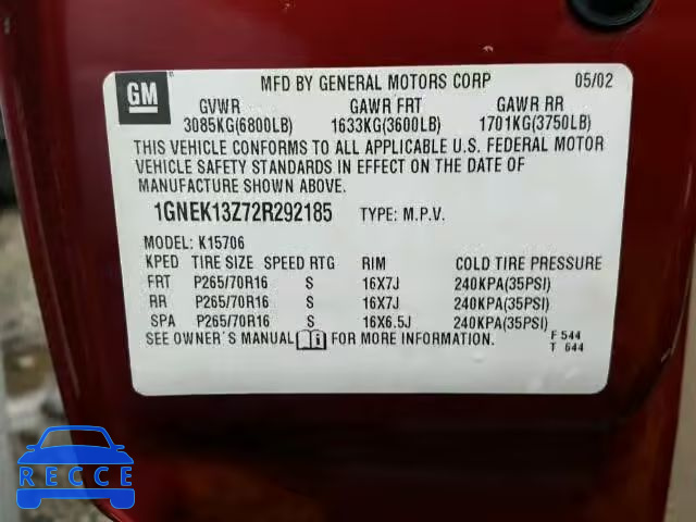 2002 CHEVROLET TAHOE K150 1GNEK13Z72R292185 зображення 9