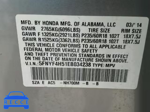 2014 HONDA PILOT EXL 5FNYF4H51EB034238 image 9