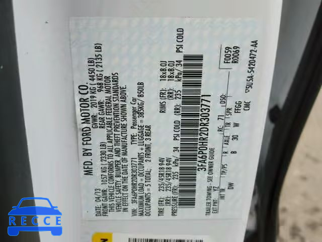 2013 FORD FUSION SE 3FA6P0HR2DR303771 image 9