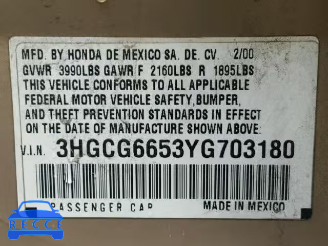 2000 HONDA ACCORD LX 3HGCG6653YG703180 image 9