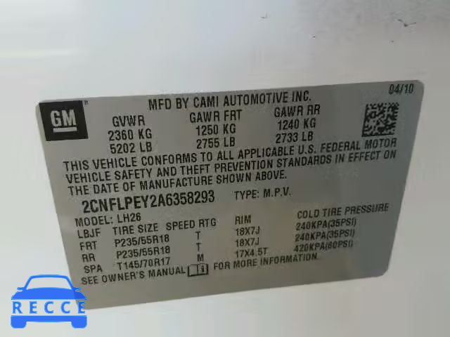 2010 CHEVROLET EQUINOX LT 2CNFLPEY2A6358293 зображення 9