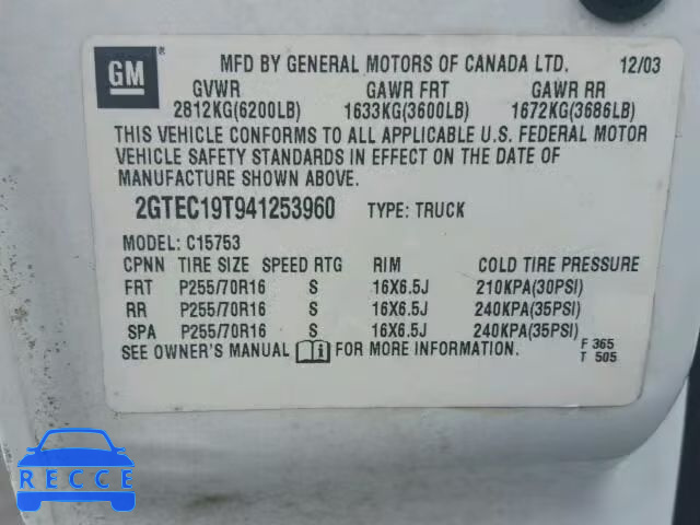 2004 GMC SIERRA C15 2GTEC19T941253960 image 9