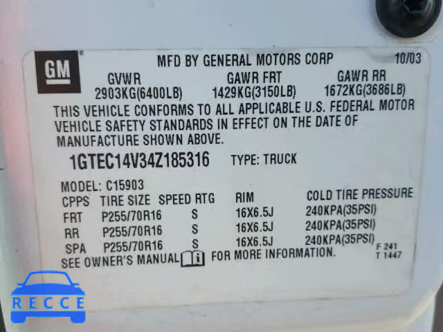 2004 GMC SIERRA C15 1GTEC14V34Z185316 Bild 9