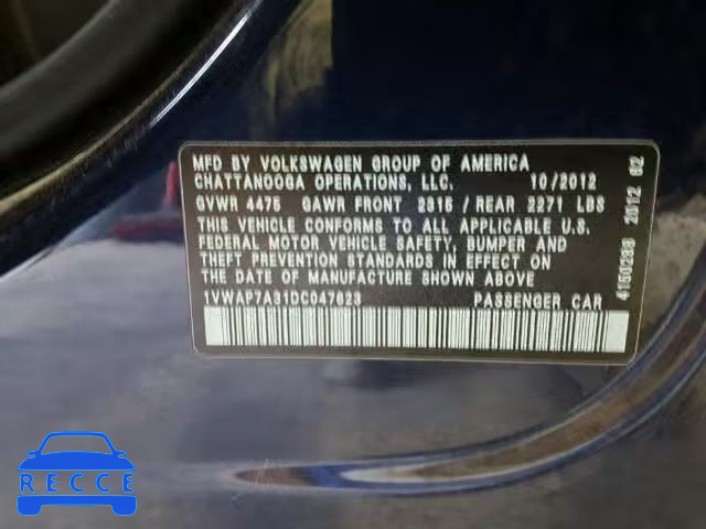 2013 VOLKSWAGEN PASSAT S 1VWAP7A31DC047623 image 9