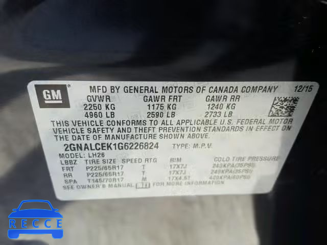 2016 CHEVROLET EQUINOX LT 2GNALCEK1G6226824 Bild 9