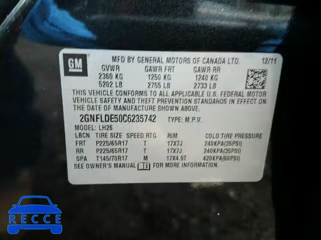 2012 CHEVROLET EQUINOX LT 2GNFLDE50C6235742 Bild 9