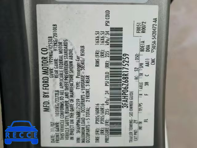 2008 FORD FUSION S 3FAHP06Z68R175259 Bild 9