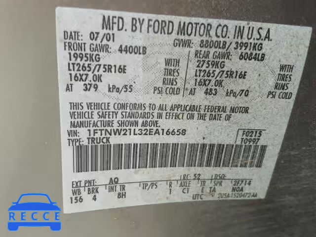 2002 FORD F250 SUPER 1FTNW21L32EA16658 image 9