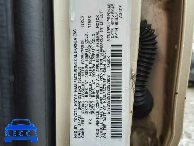 2003 TOYOTA TACOMA PRE 5TEGN92N13Z287608 image 9