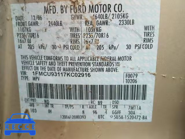 2007 FORD ESCAPE XLT 1FMCU93117KC02916 image 9