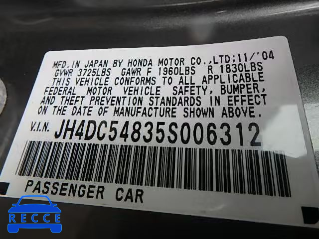 2005 ACURA RSX JH4DC54835S006312 image 9