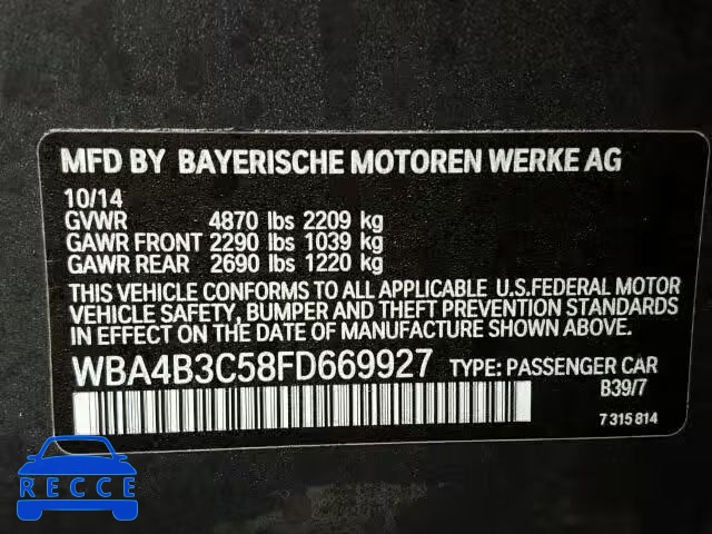 2015 BMW 435XI GRAN WBA4B3C58FD669927 Bild 9