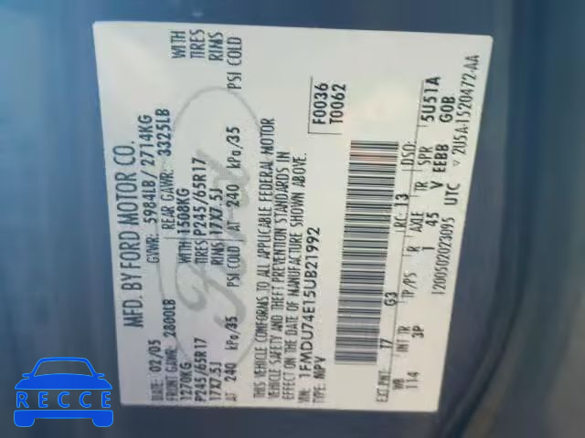 2005 FORD EXPLORER E 1FMDU74E15UB21992 image 9