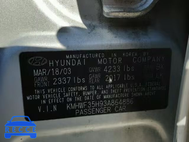 2003 HYUNDAI SONATA GLS KMHWF35H93A864886 image 9