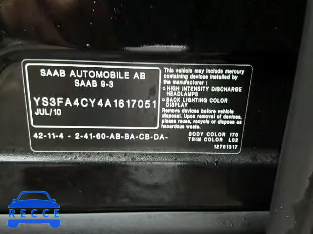 2010 SAAB 9-3 2.0T YS3FA4CY4A1617051 зображення 9